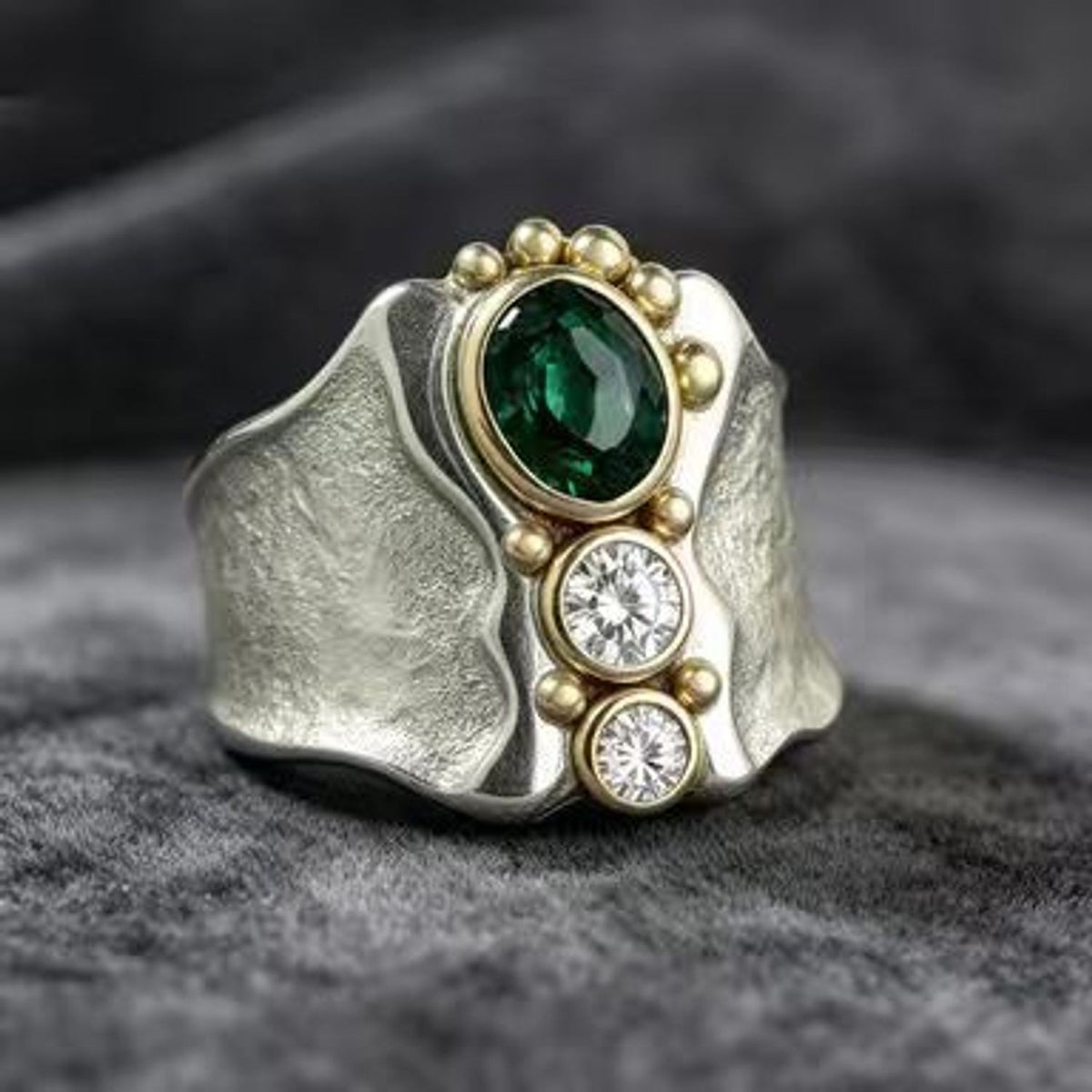 Silver Wide-band Ring Inlaid With Green Zircons High-end And Niche Style