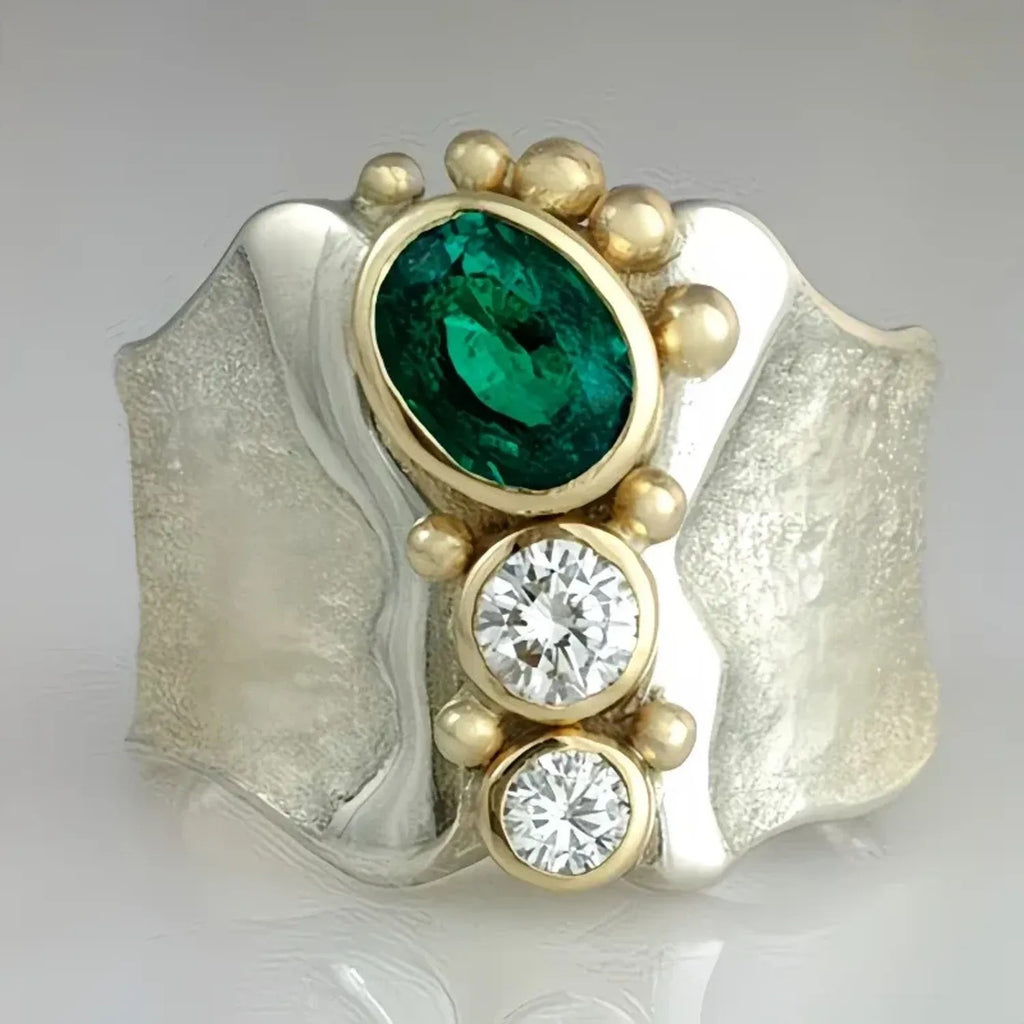 Silver Wide-band Ring Inlaid With Green Zircons High-end And Niche Style