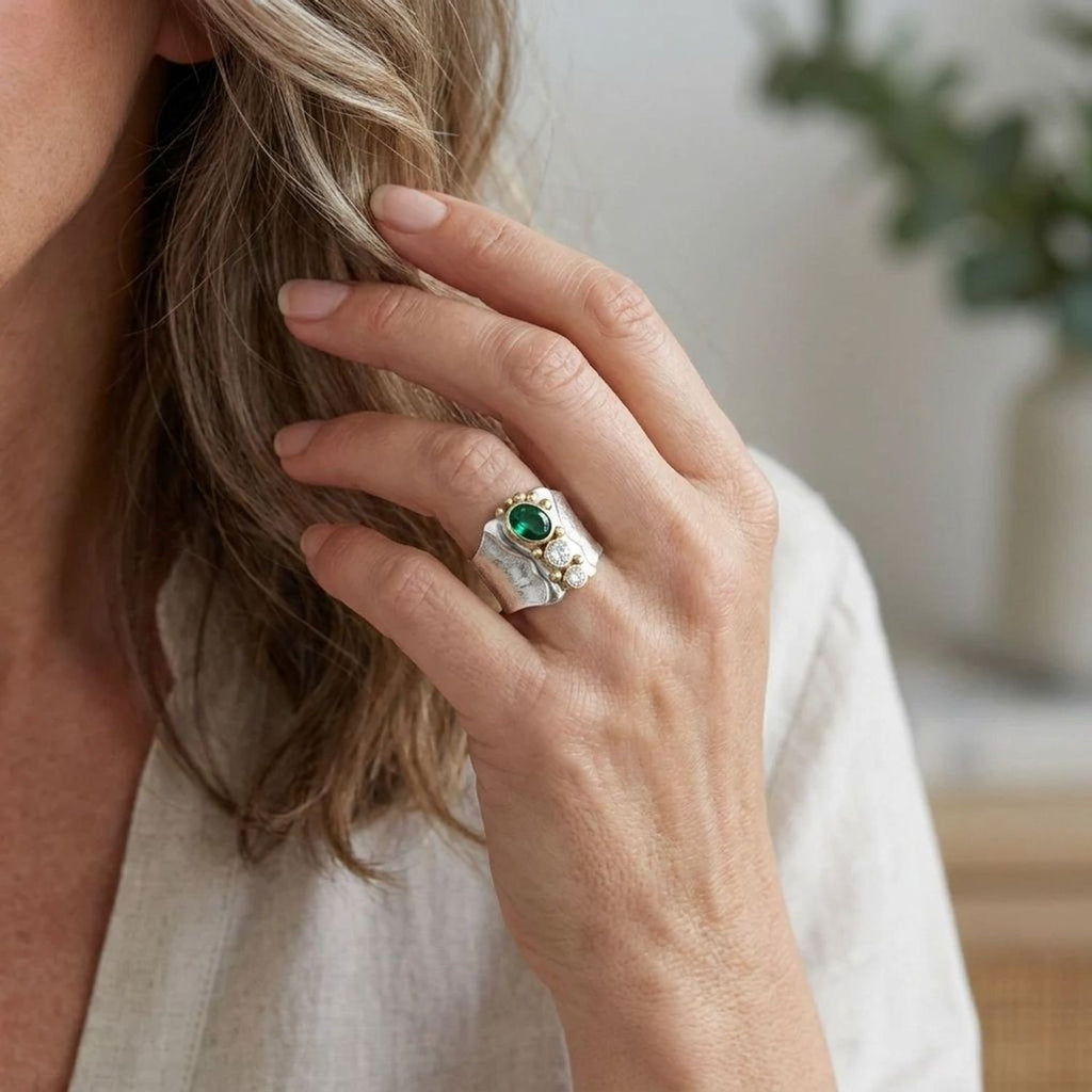 Silver Wide-Band Ring with Green Cubic Zirconia - Alternative to Engagement Rings for Women — lifestyle