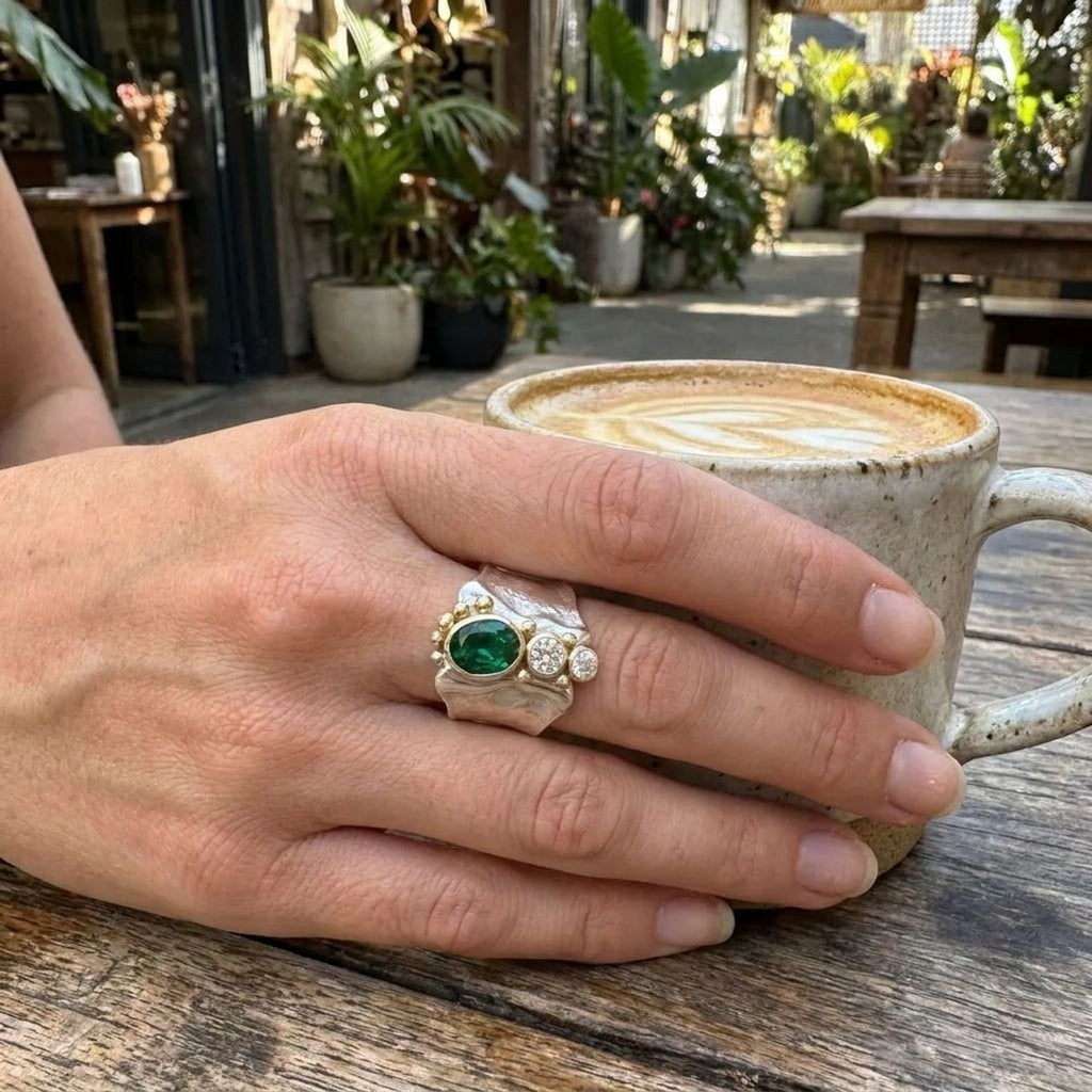 Silver Wide-Band Ring with Green Cubic Zirconia - Alternative to Engagement Rings for Women — lifestyle
