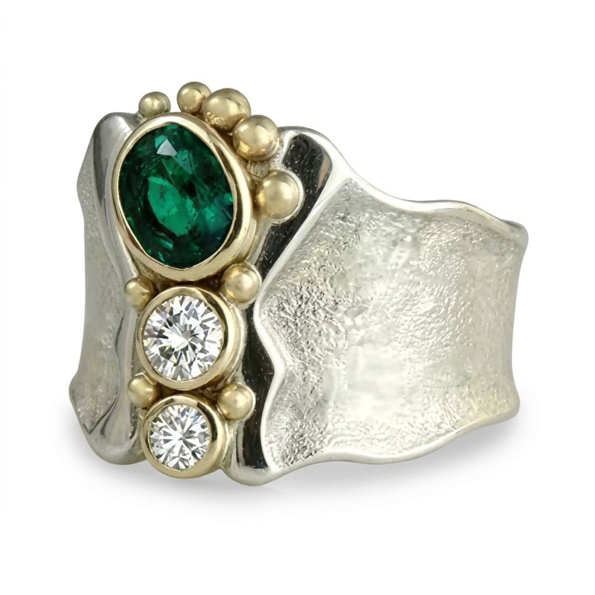 Silver Wide-Band Ring with Green Cubic Zirconia - Alternative to Engagement Rings for Women
