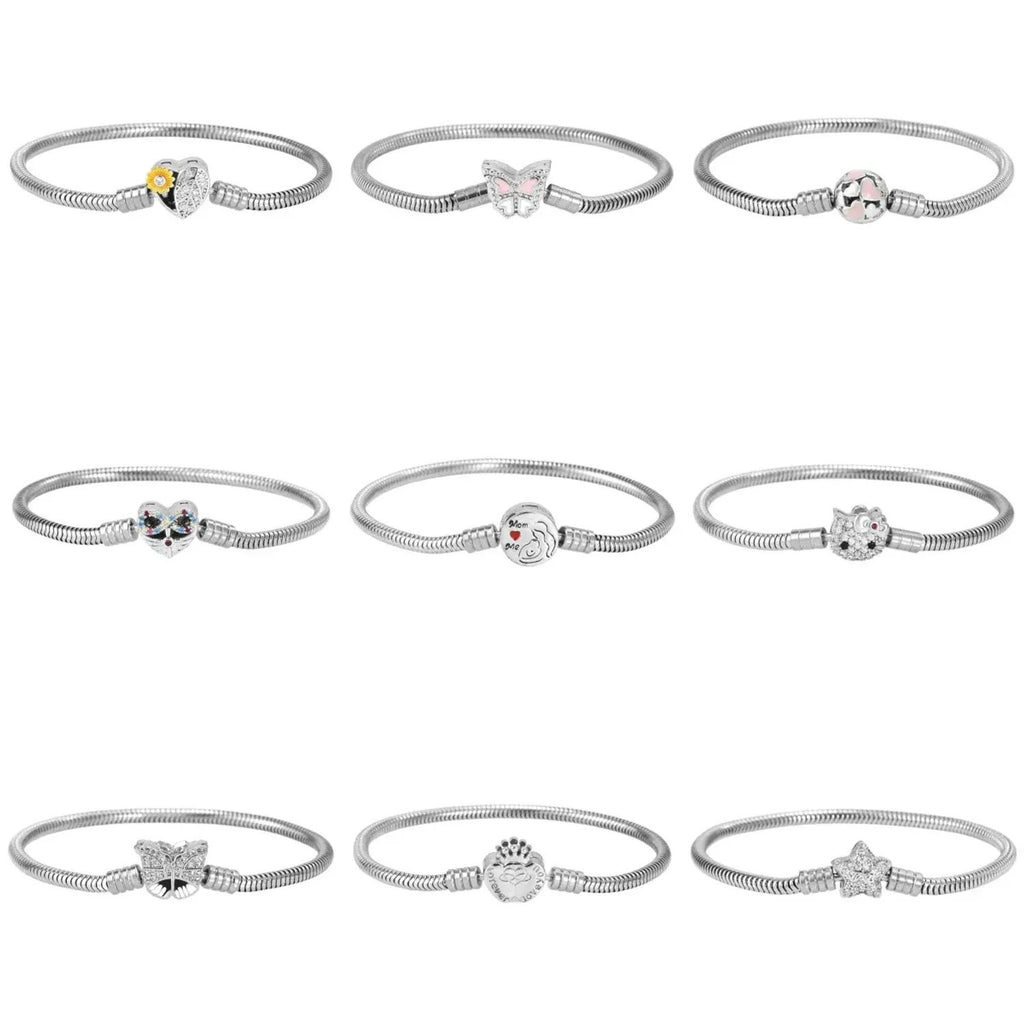 Snake Chain Charm Bracelet for Women - Silver Tone Base with Enamel & Zircon Clasps