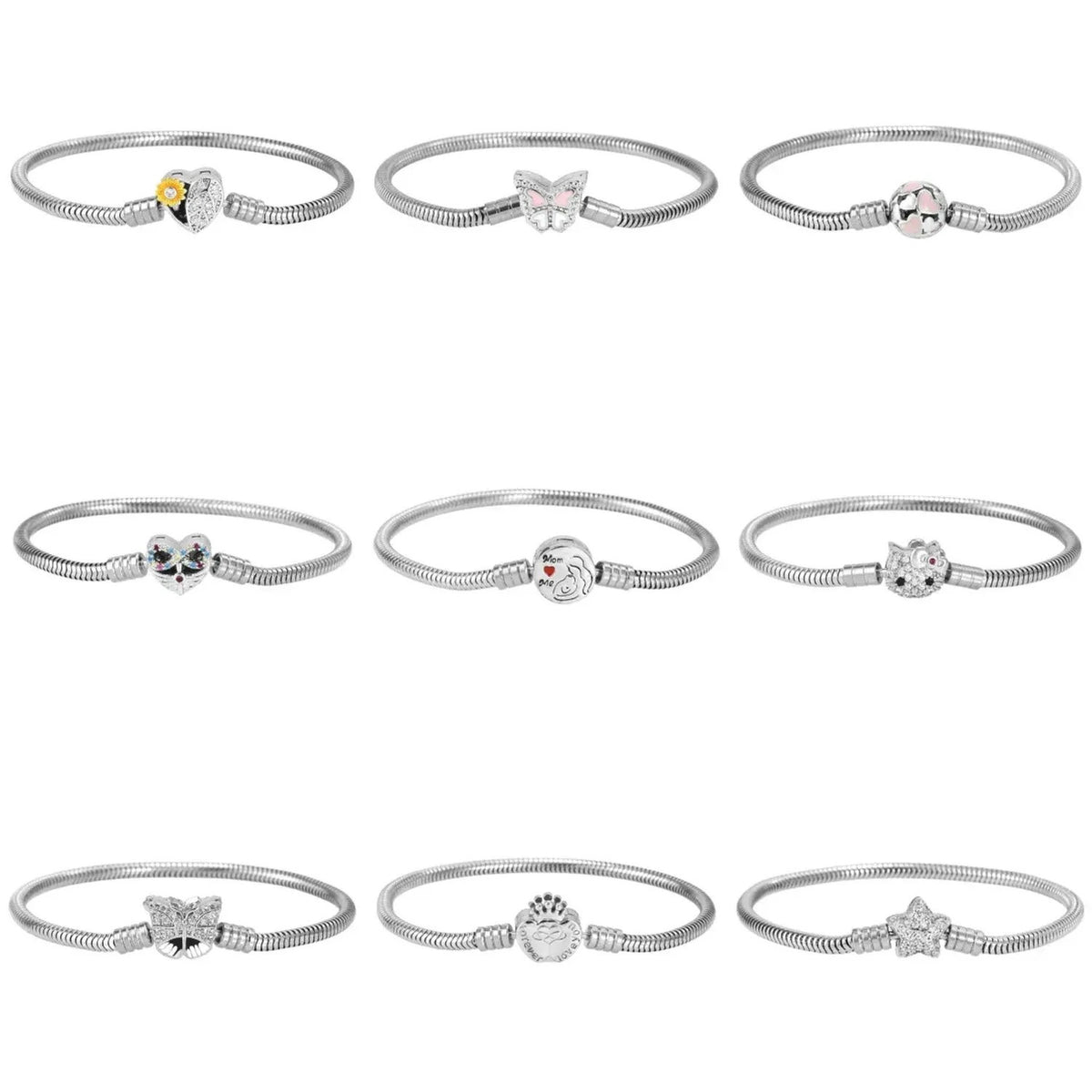Snake Chain Charm Bracelet for Women - Silver Tone Base with Enamel & Zircon Clasps