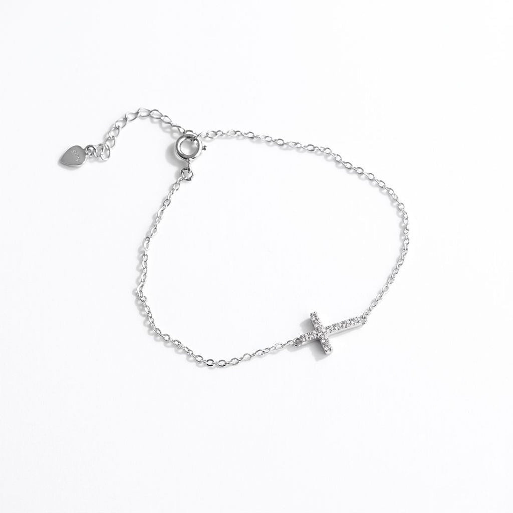 Sparkling Cross Bracelet for Women, White Gold Plated Dainty Chain