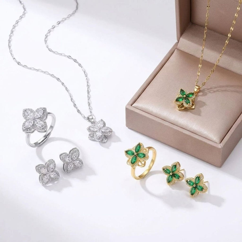 Spinning Clover Titanium Steel Gold Jewelry Set - Necklaces, Rings & Bracelets — all variants