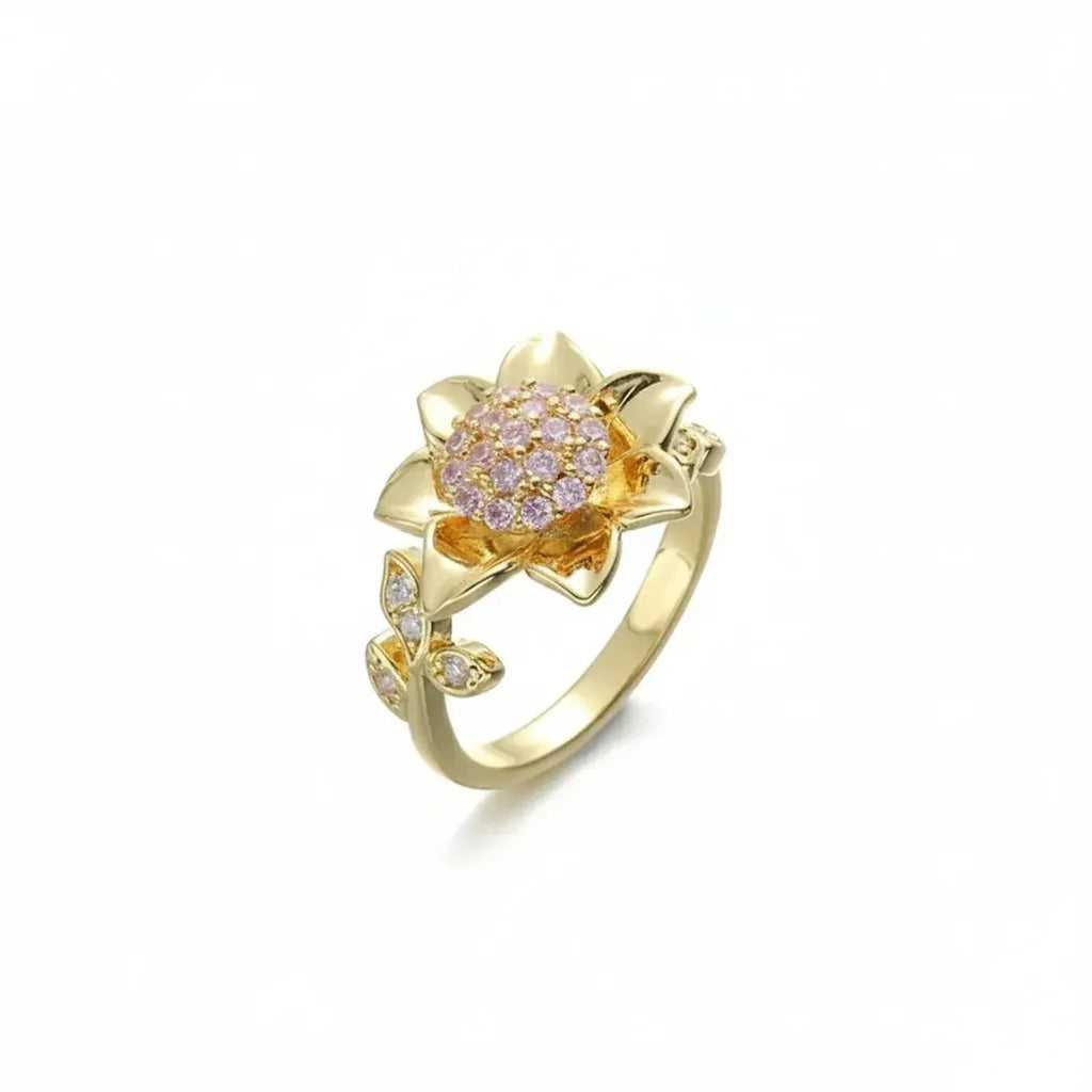Spinning Sunflower Fidget Ring with Purple Zircon Stone, Gold Jewelry Open Band