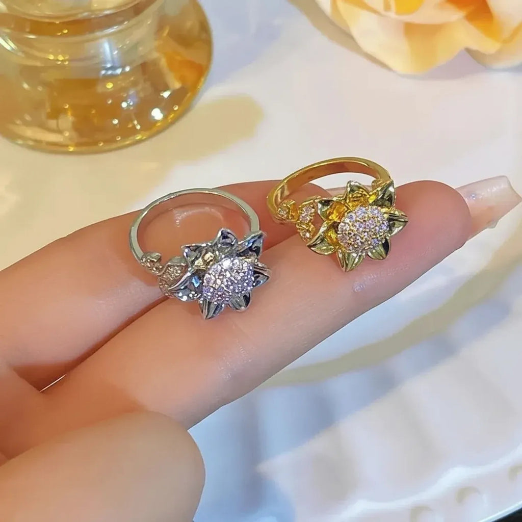 Spinning Sunflower Fidget Ring with Purple Zircon Stone, Gold Jewelry Open Band