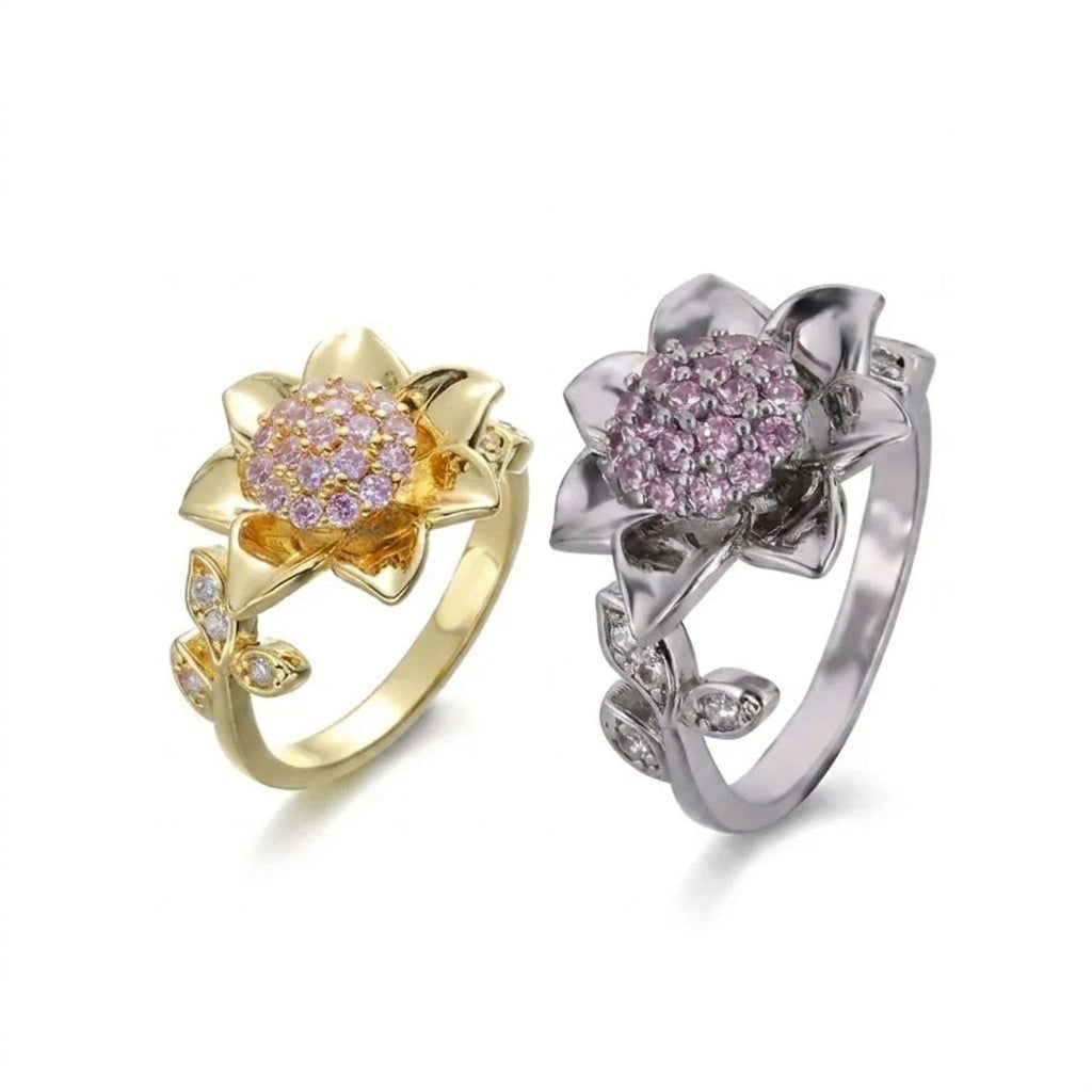 Spinning Sunflower Fidget Ring with Purple Zircon Stone, Gold Jewelry Open Band