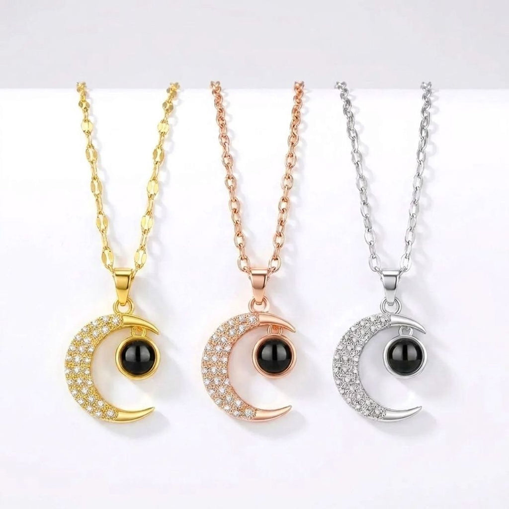 Star and Moon Projection Necklace, 925 Sterling Silver, I Love You in 100 Languages