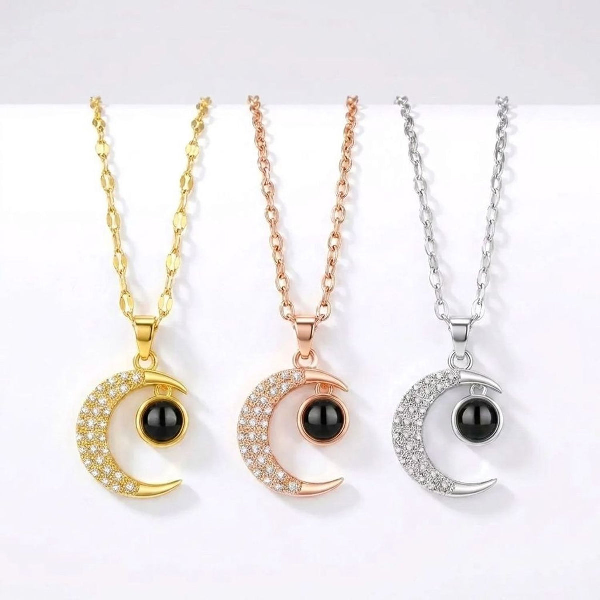 Star and Moon Projection Necklace, 925 Sterling Silver, I Love You in 100 Languages