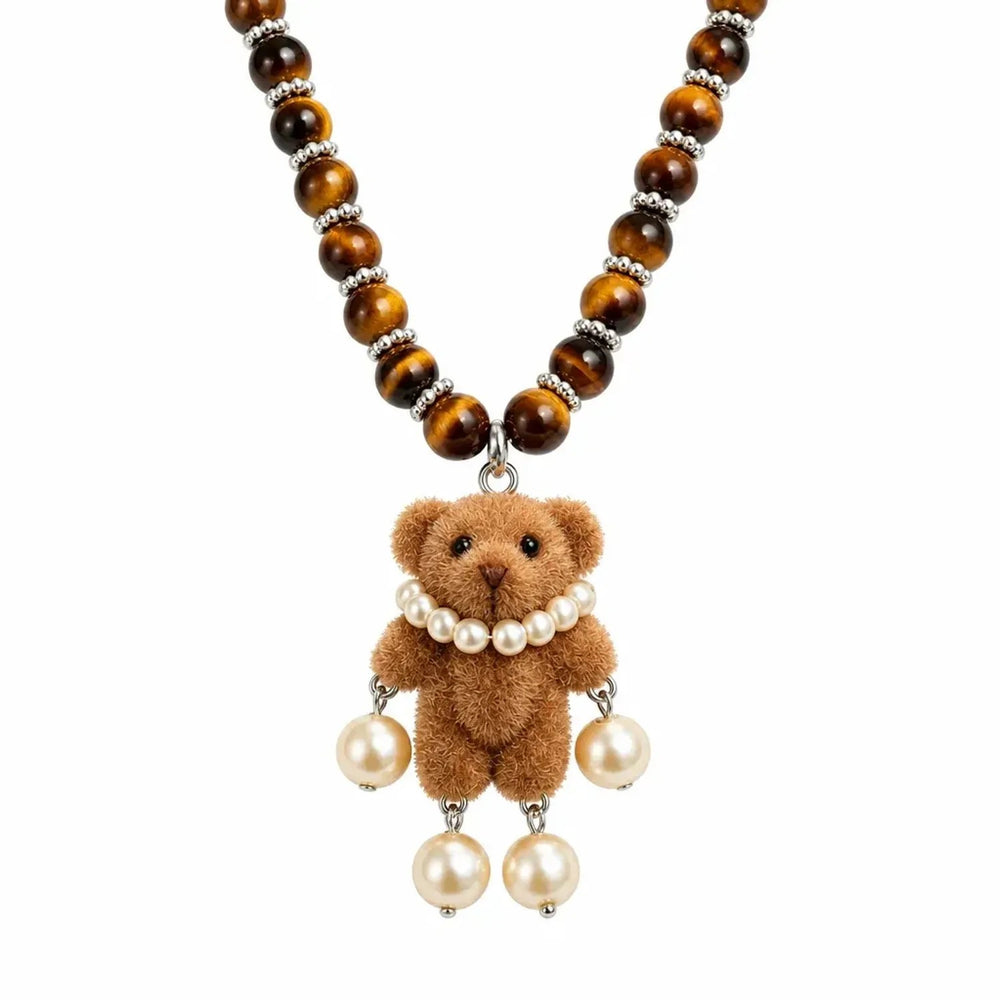 Teddy Bear Synthetic Tiger Eye Beaded Choker Necklaces for Women