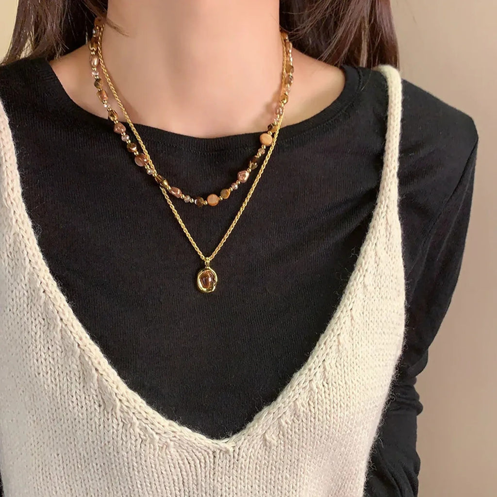 Tiger Eye Melanin Beaded Layered Clavicle Necklace