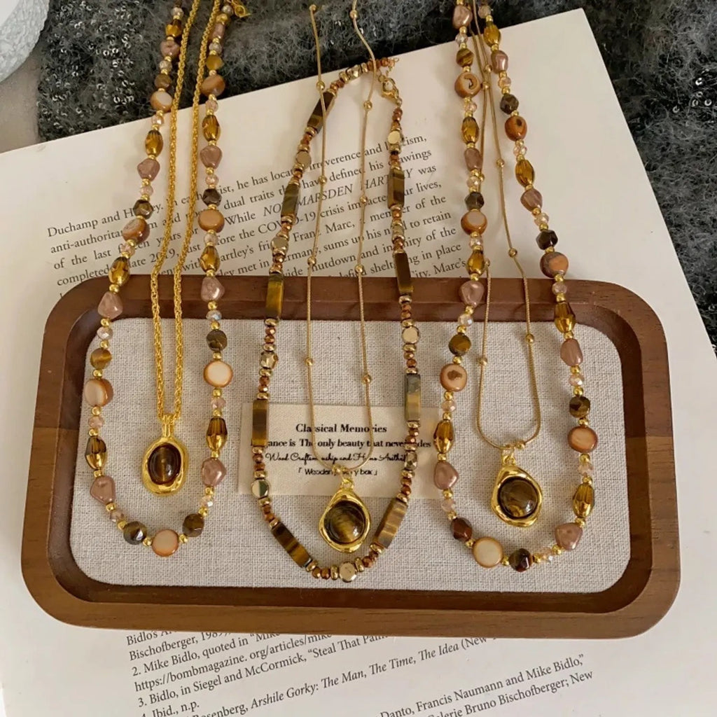 Tiger Eye Melanin Beaded Layered Clavicle Necklace
