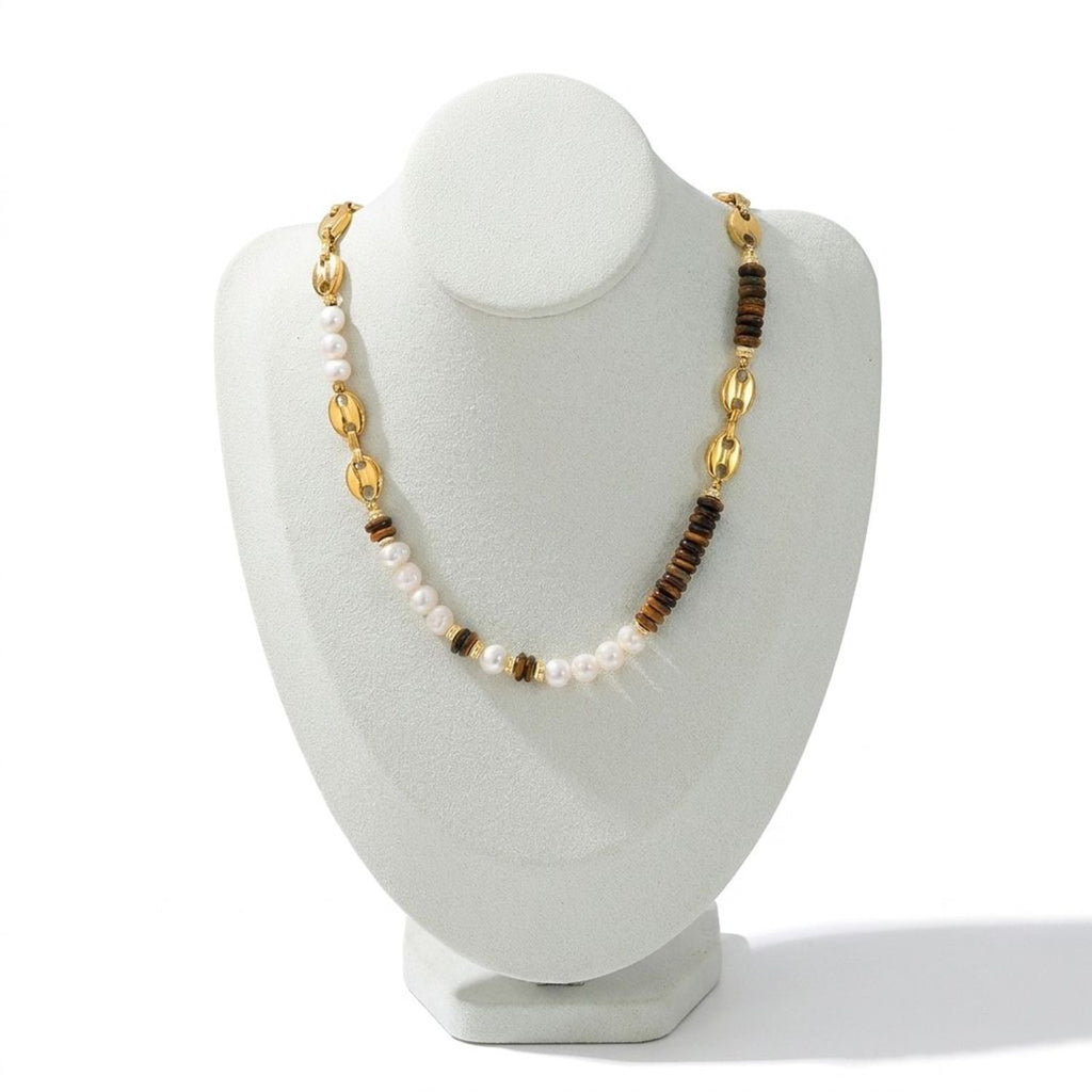 Tiger's Eye and Pearl Beaded Gold Jewelry Set - Titanium Steel Necklace and Bracelet