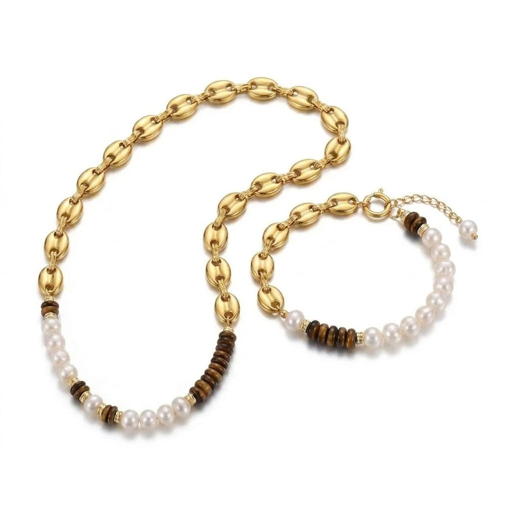 Tiger's Eye and Pearl Beaded Gold Jewelry Set - Titanium Steel Necklace and Bracelet — all variants