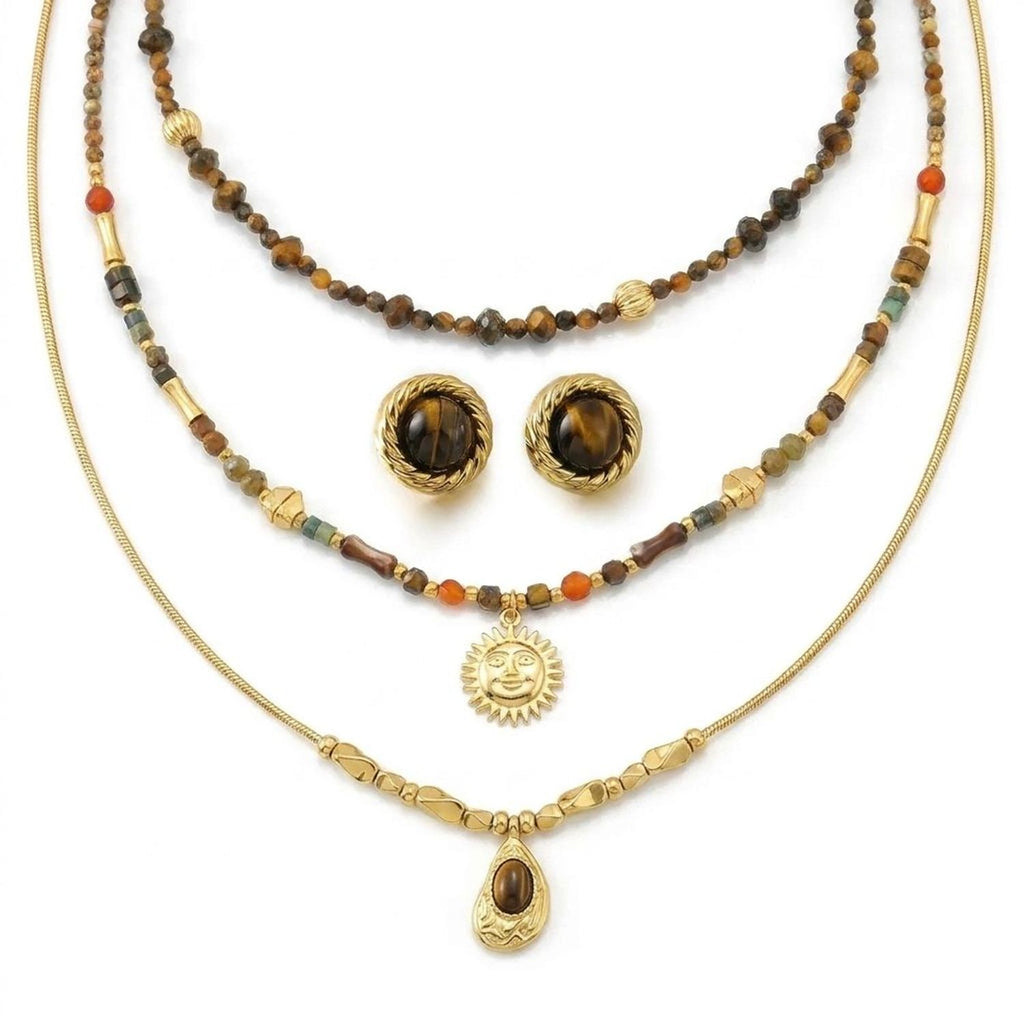 Tiger's Eye Gemstone Beaded Necklace Set with Sun Pendant and Gold Earrings — all variants