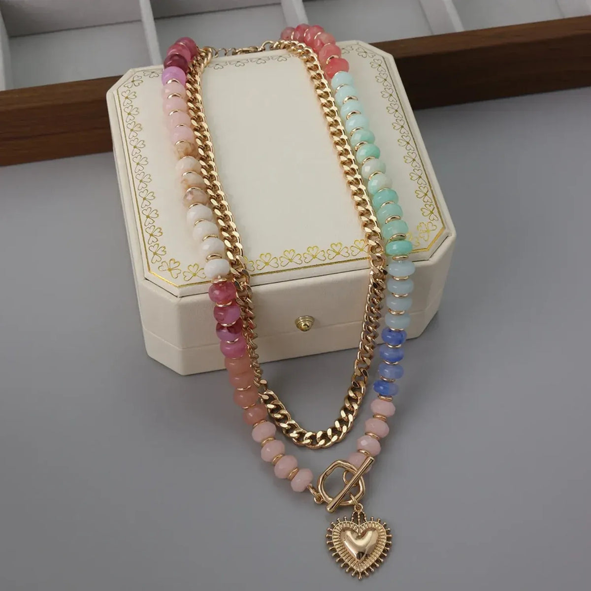 Colorful Beaded Heart Pendant Layered Necklace for Women, Y2K Clavicle Chain
