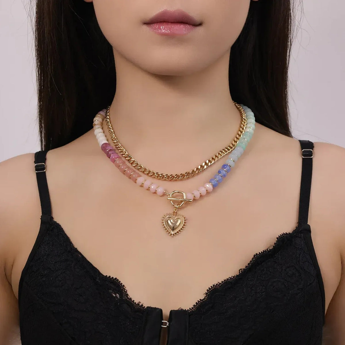 Colorful Beaded Heart Pendant Layered Necklace for Women, Y2K Clavicle Chain