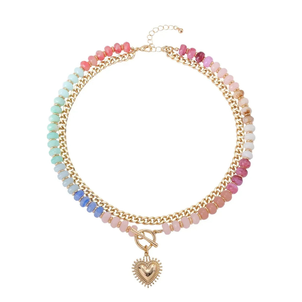 Colorful Beaded Heart Pendant Layered Necklace for Women, Y2K Clavicle Chain