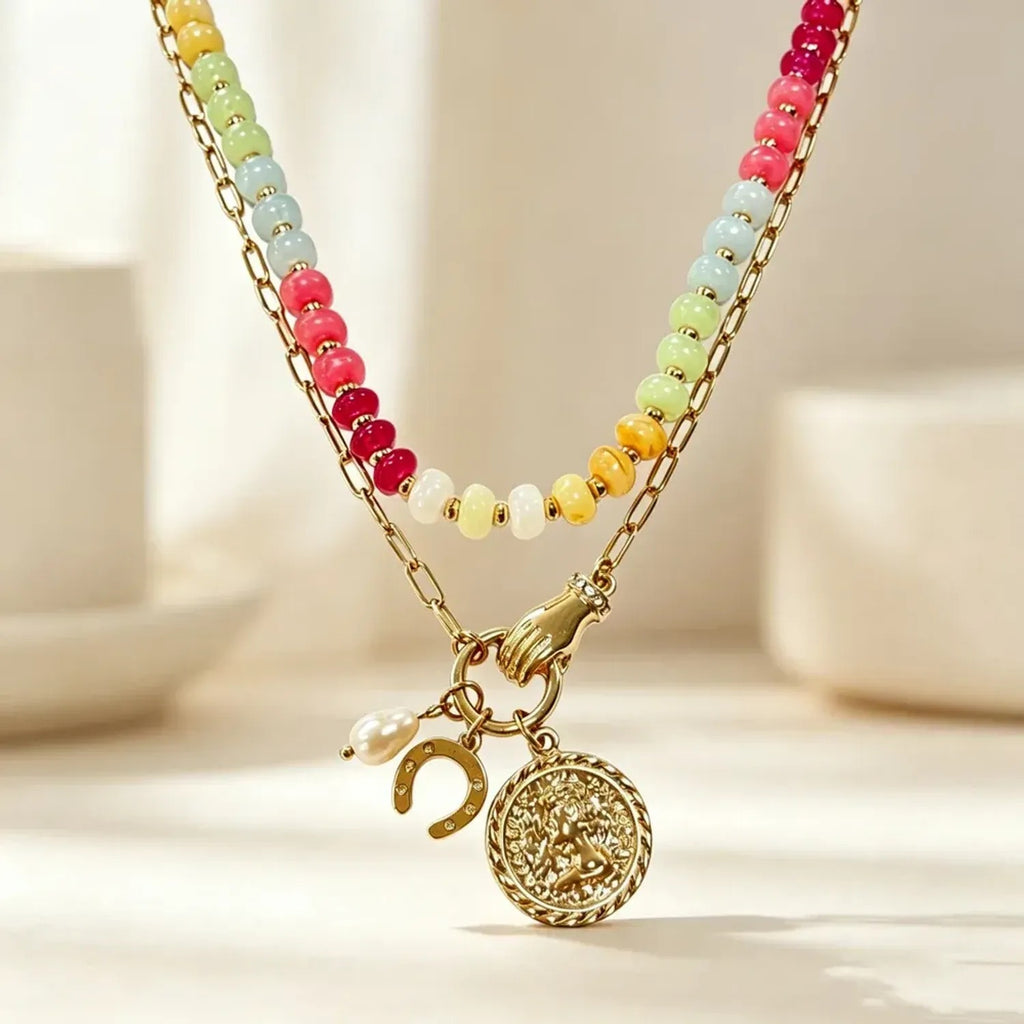 Colorful Beaded Heart Pendant Layered Necklace for Women, Y2K Clavicle Chain