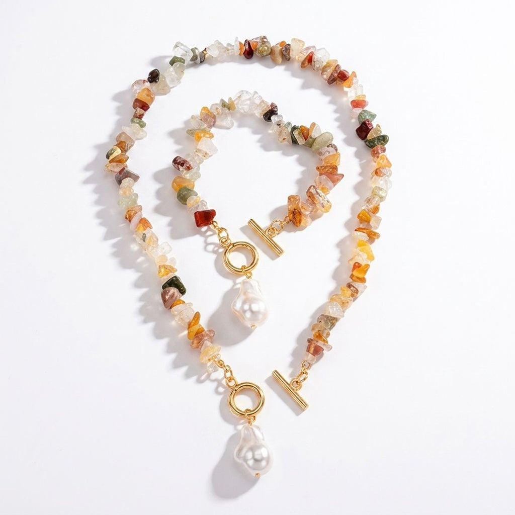 Turquoise Jewelry Set with Faux Pearl Accent - Beaded Necklace and Bracelet