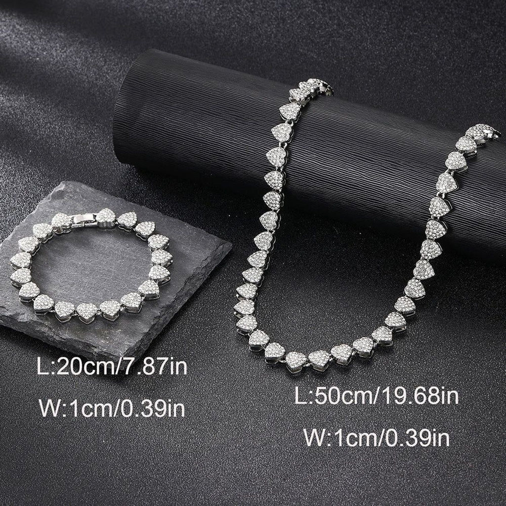 Unisex 10mm Heart Rhinestone Cuban Link Chain & Bracelet Jewelry Set