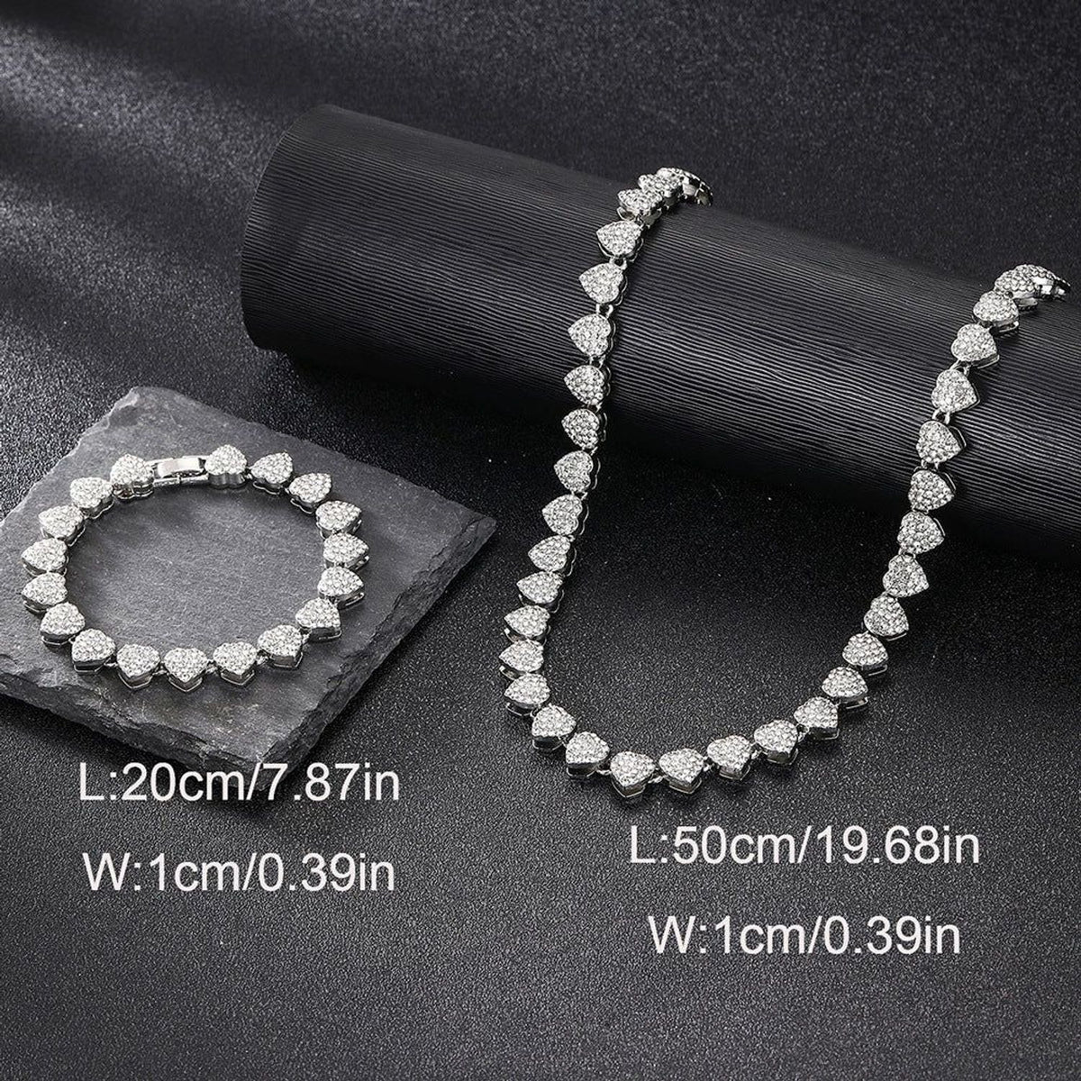Unisex 10mm Heart Rhinestone Cuban Link Chain & Bracelet Jewelry Set
