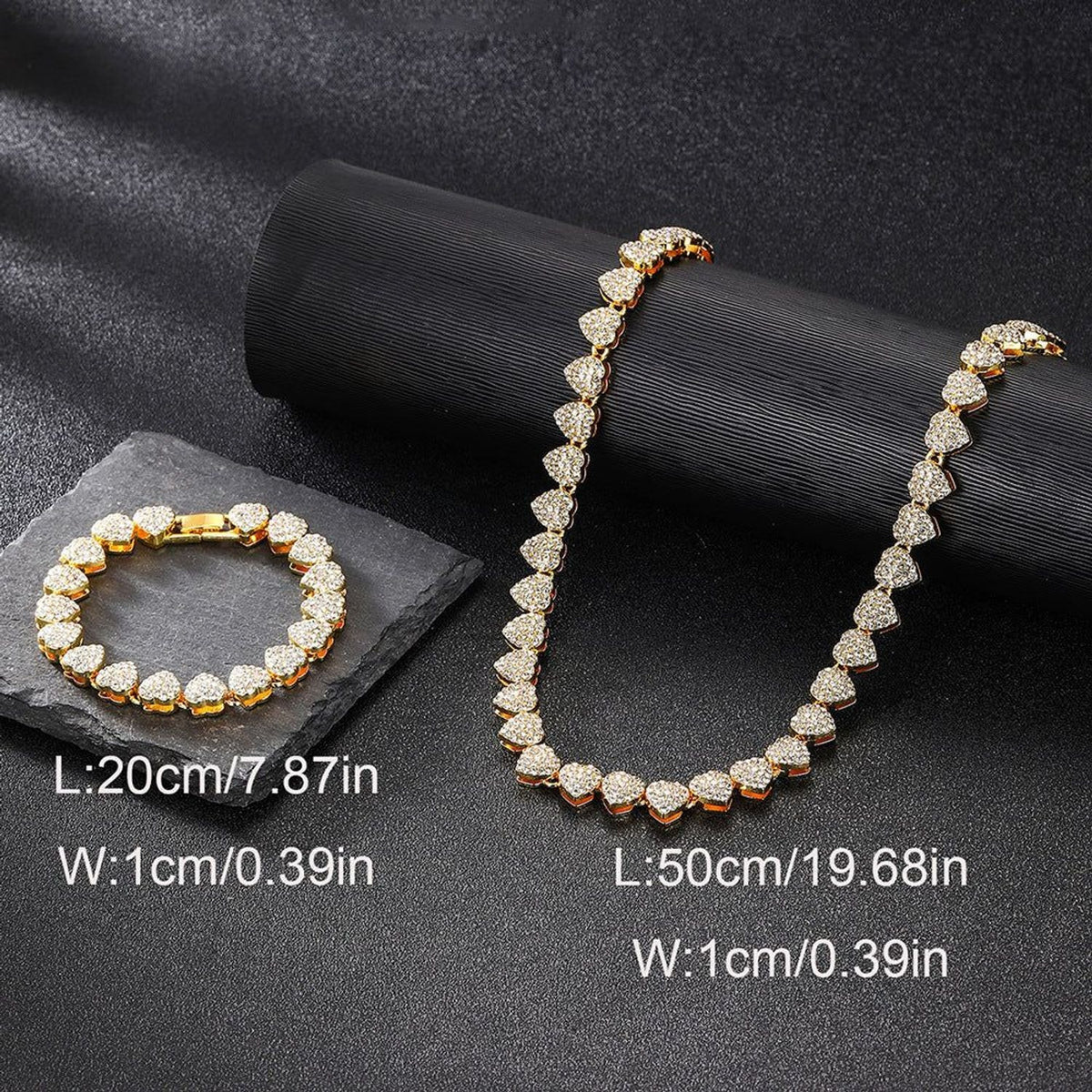 Unisex 10mm Heart Rhinestone Cuban Link Chain & Bracelet Jewelry Set