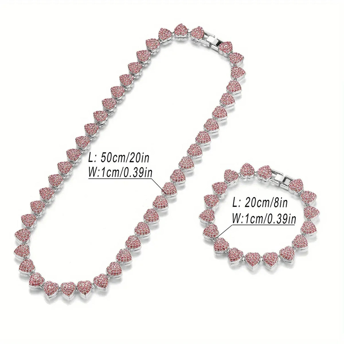 Unisex 10mm Heart Rhinestone Cuban Link Chain & Bracelet Jewelry Set