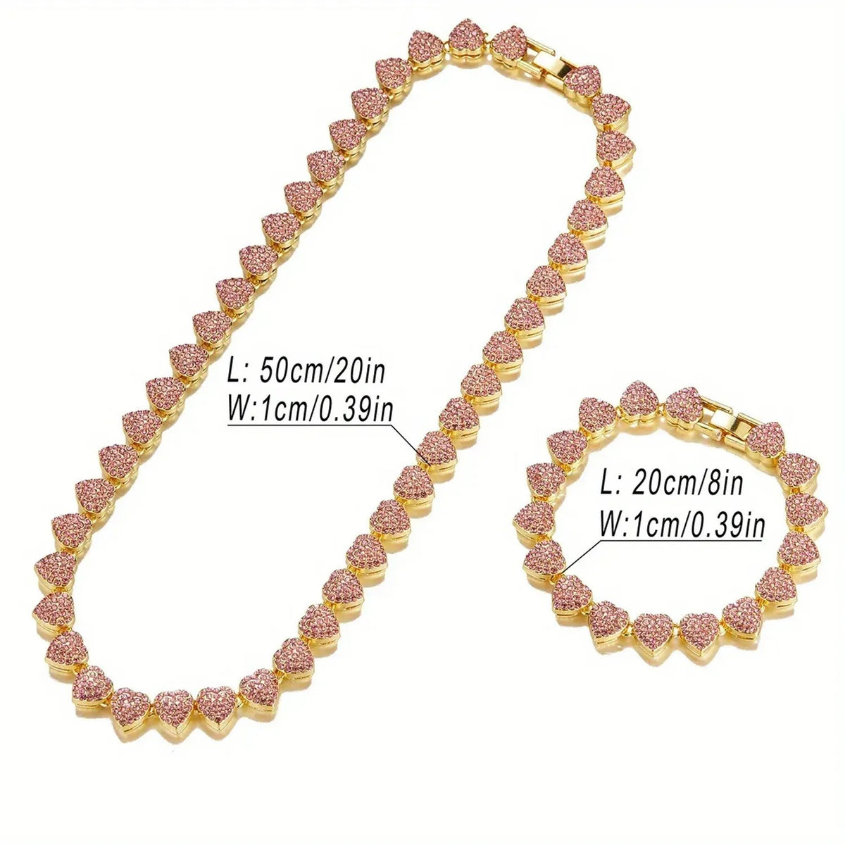 Unisex 10mm Heart Rhinestone Cuban Link Chain & Bracelet Jewelry Set