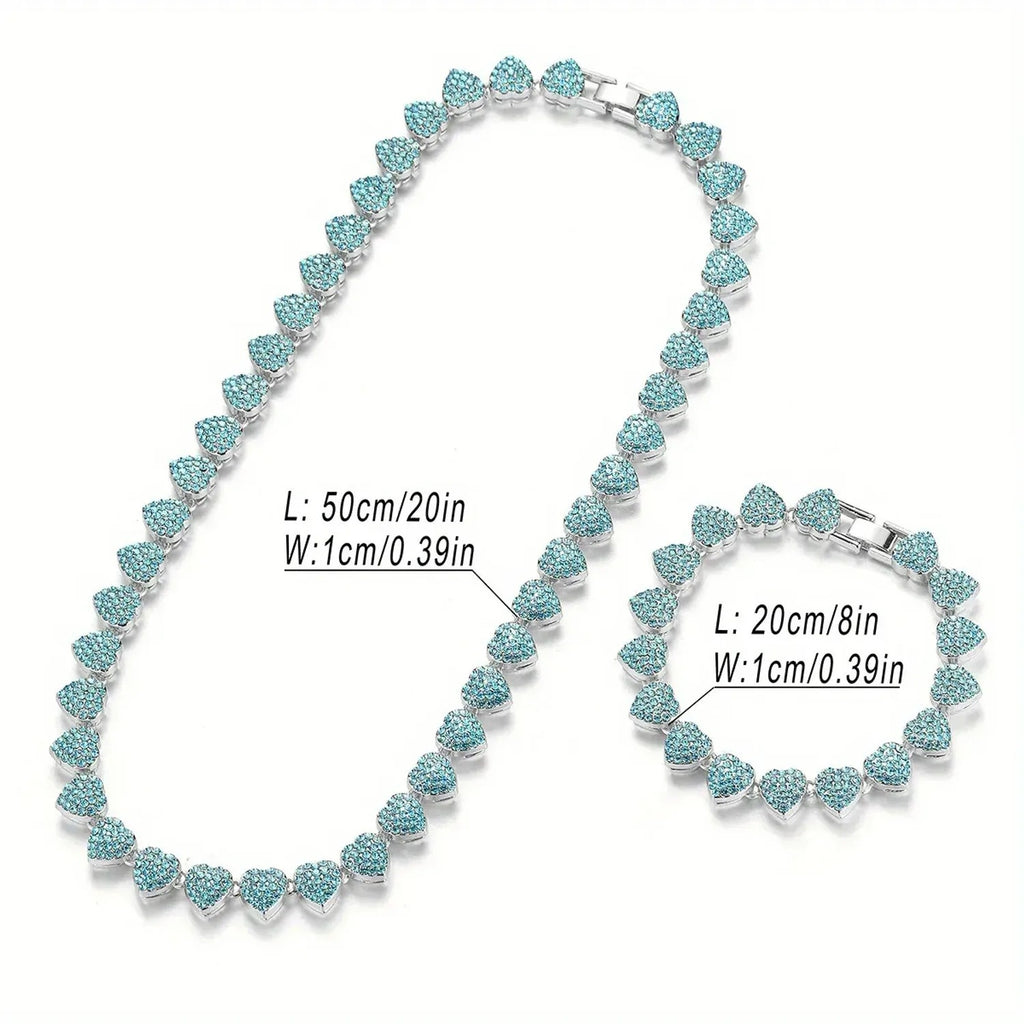 Unisex 10mm Heart Rhinestone Cuban Link Chain & Bracelet Jewelry Set
