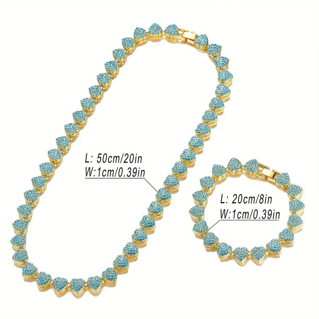 Unisex 10mm Heart Rhinestone Cuban Link Chain & Bracelet Jewelry Set