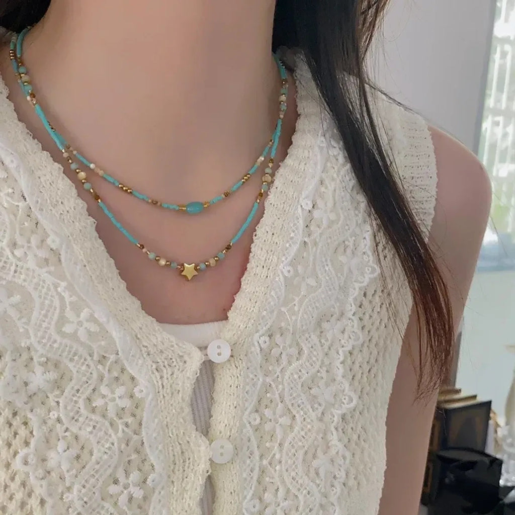French Vintage Star Pendant Necklace & Blue Accent Choker