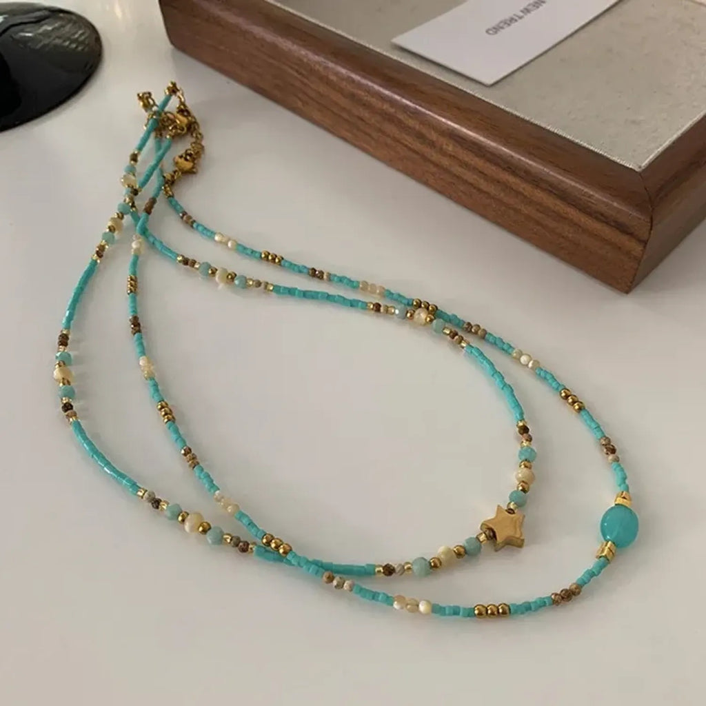 French Vintage Star Pendant Necklace & Blue Accent Choker