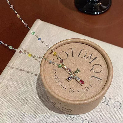 中古Vintage彩色十字架项链女超闪水晶锆石吊坠锁骨链甜酷风配饰