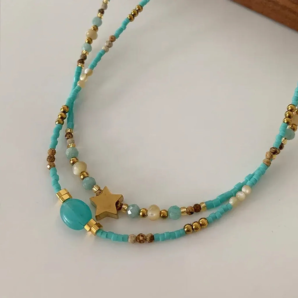 French Vintage Star Pendant Necklace & Blue Accent Choker