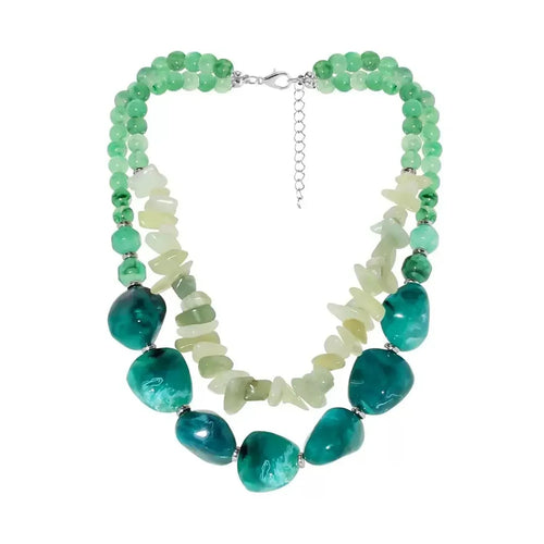 Double-layer resin beaded pendant necklace with vintage geometric collar chain