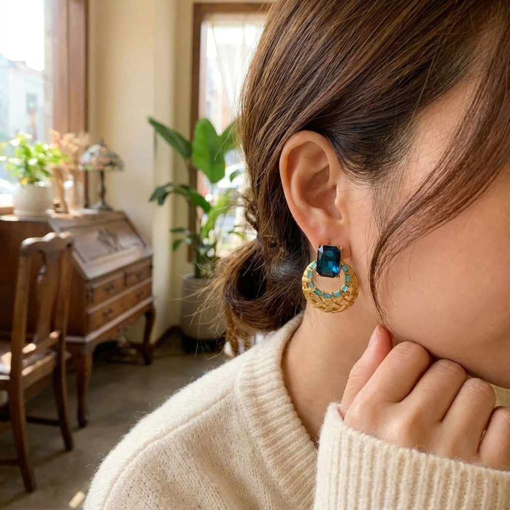 Vintage Blue Mesh Stud Earrings for Women with Sterling Silver Pins — lifestyle