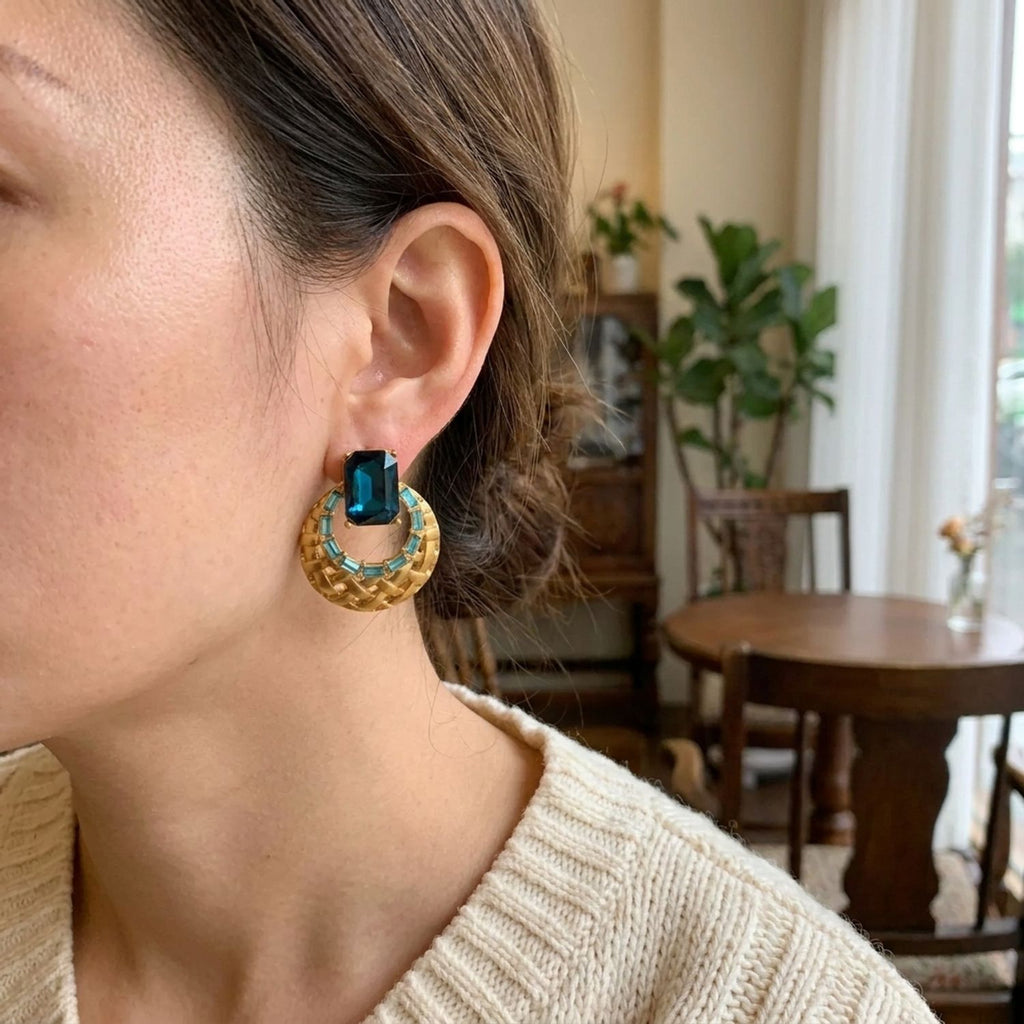 Vintage Blue Mesh Stud Earrings for Women with Sterling Silver Pins — lifestyle
