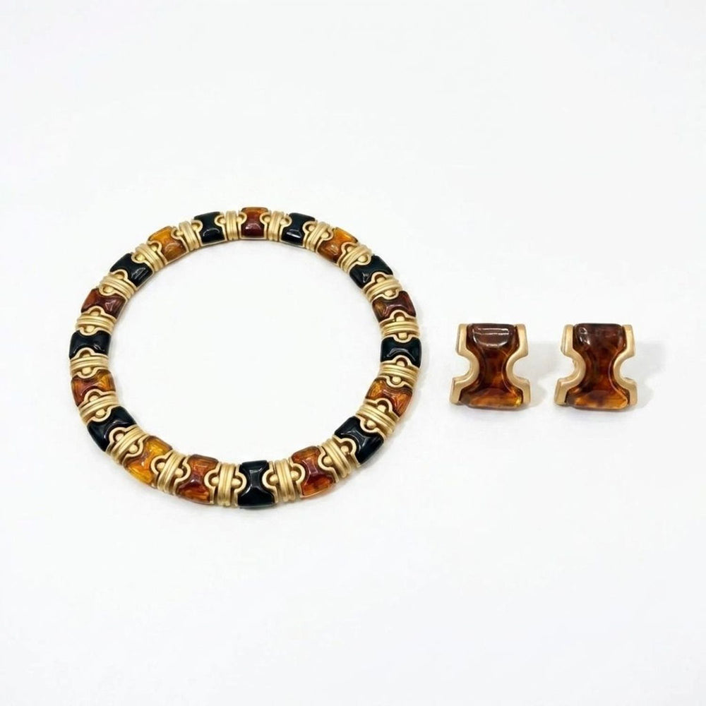 Vintage Cocoa Glass Jewelry Set - Gold Plated Brass Gold Earrings & Pearl Bracelet — all variants