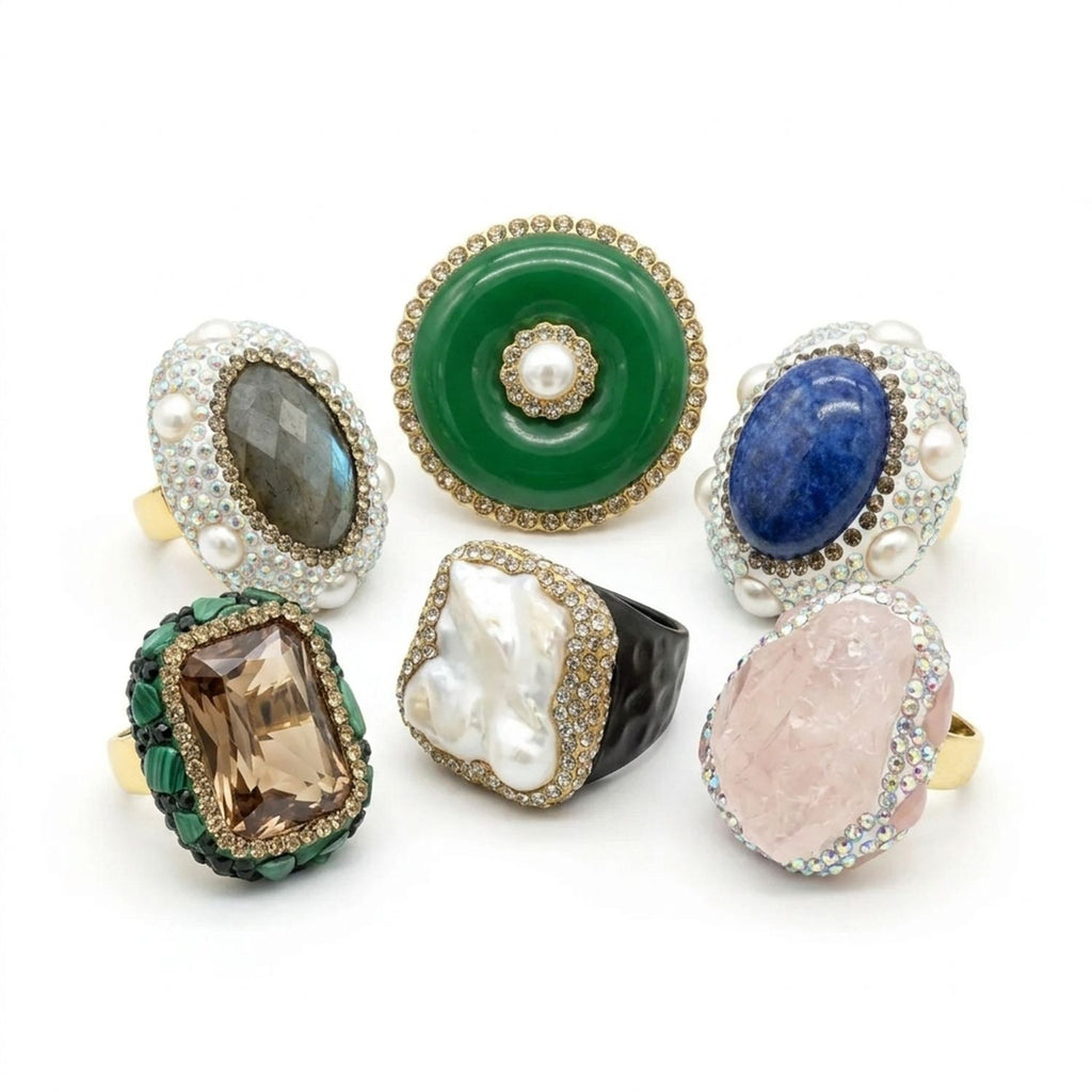 Vintage French Style Baroque Pearl & Rose Quartz Crystal Open Ring — all variants