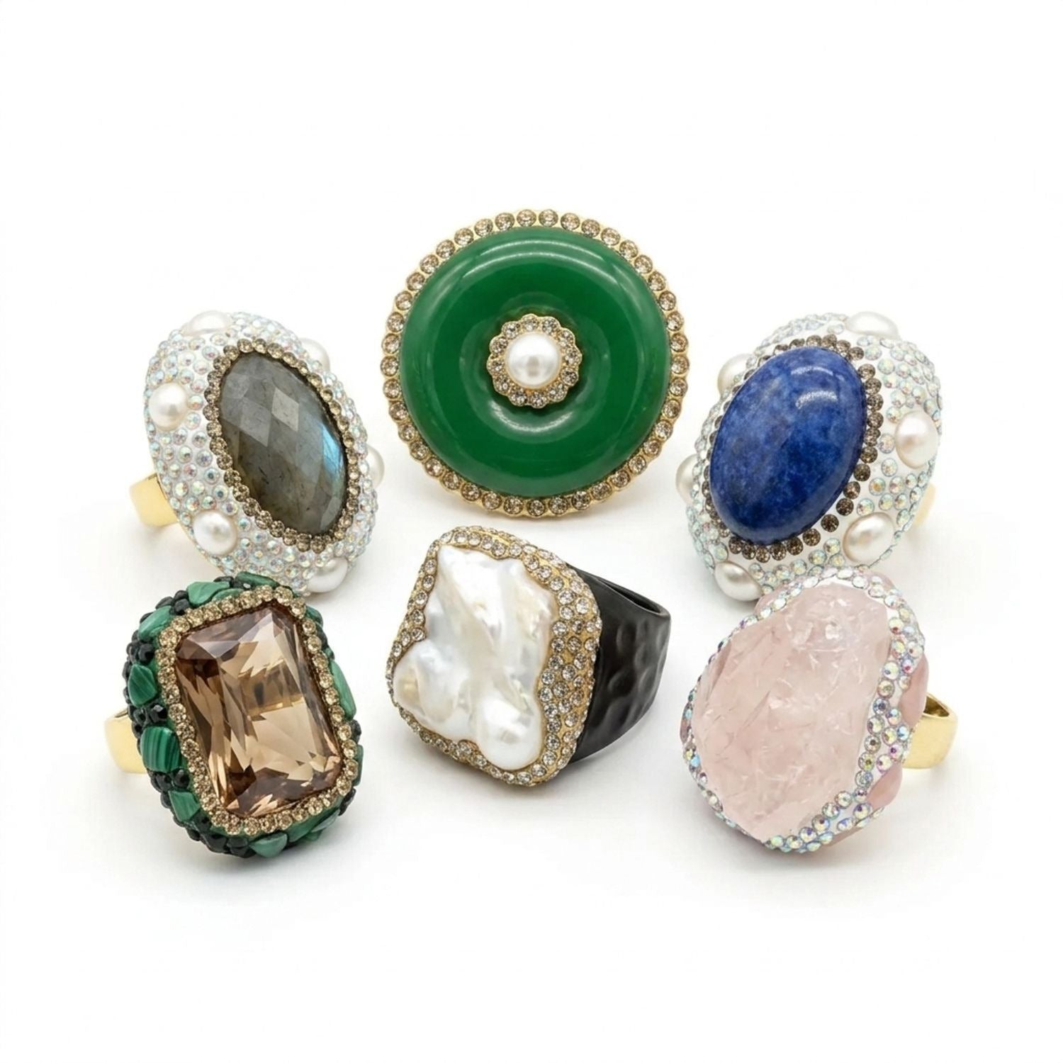 Vintage French Style Baroque Pearl & Rose Quartz Crystal Open Ring — all variants