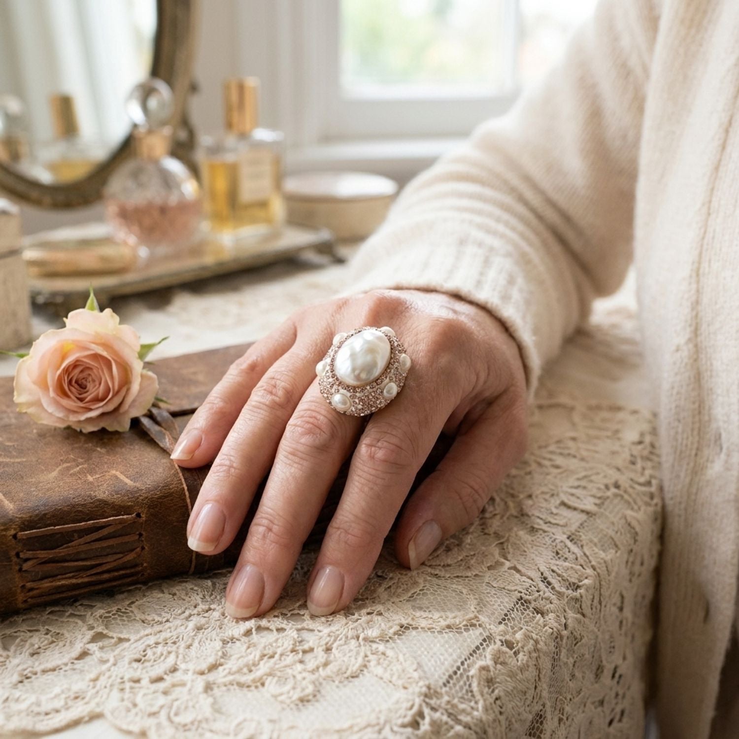 Vintage French Style Baroque Pearl & Rose Quartz Crystal Open Ring — lifestyle