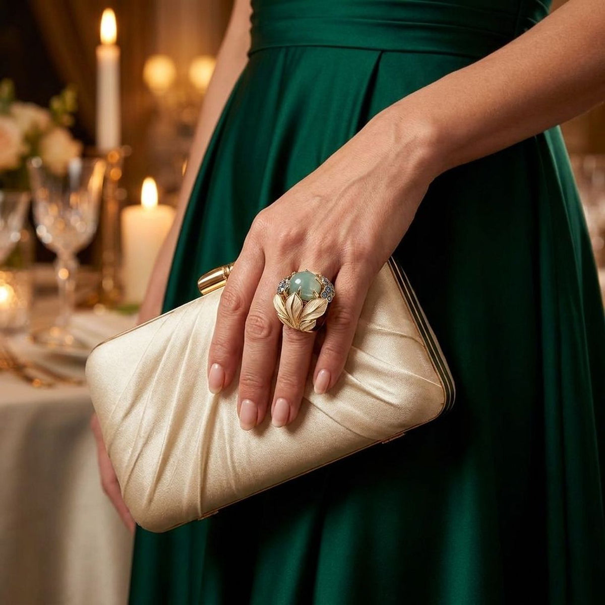 Vintage Gold-Plated Botanical Statement Ring with Blue Cubic Zirconia — lifestyle