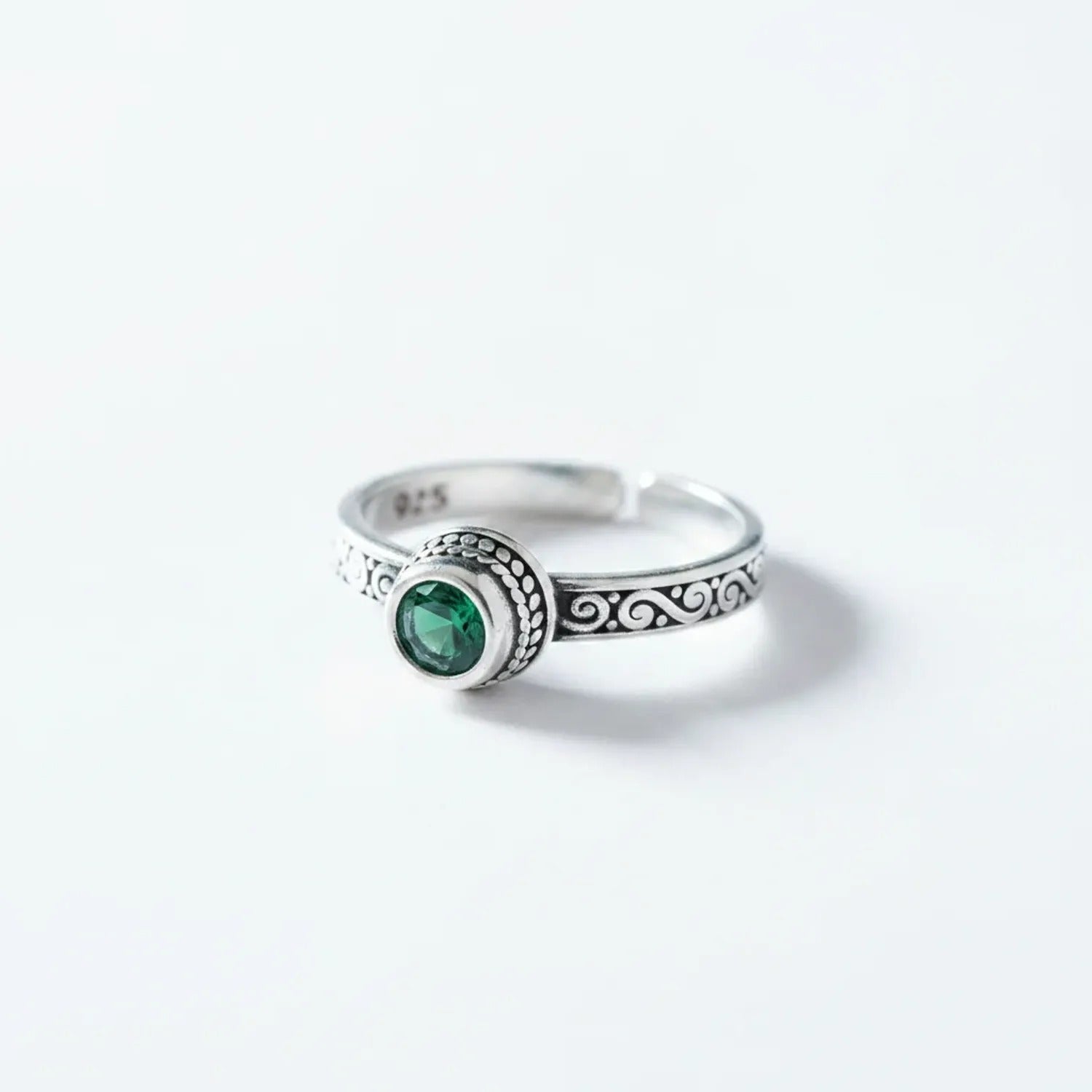 Vintage Green Zircon Open Ring — S925 Silver