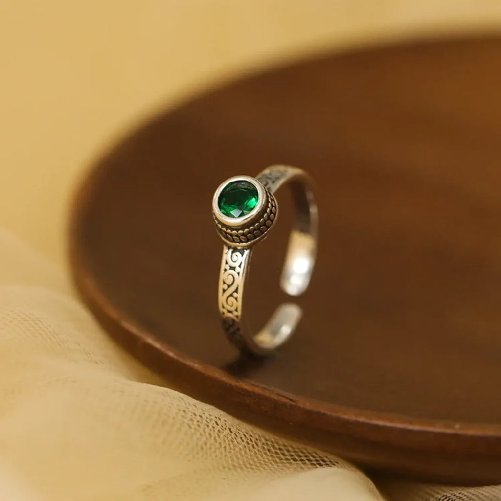 Vintage Green Zircon Open Ring — S925 Silver