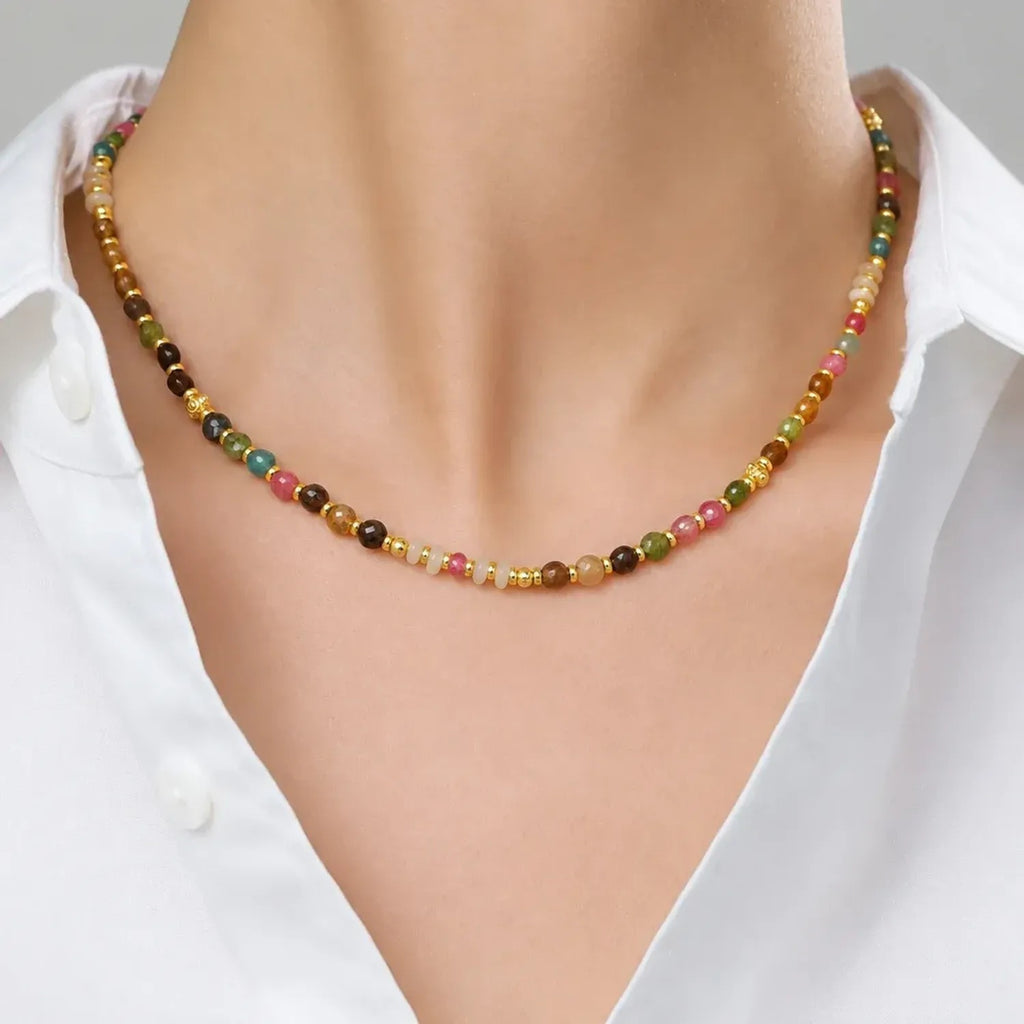 Vintage Natural Tourmaline Beaded Clavicle Necklace - Electroplated Gold Chain Gold Necklace Women