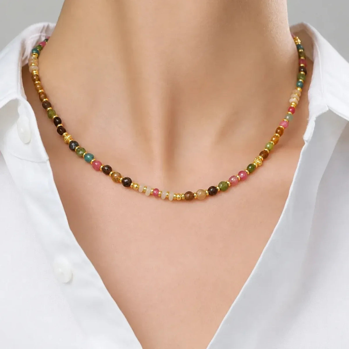 Vintage Natural Tourmaline Beaded Clavicle Necklace - Electroplated Gold Chain Gold Necklace Women