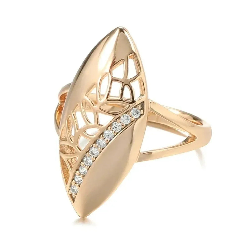 Vintage Rose Gold Leaf Marquise Statement Ring Hollow Zircon Elegant Women Party Wedding Fashion Jewelry