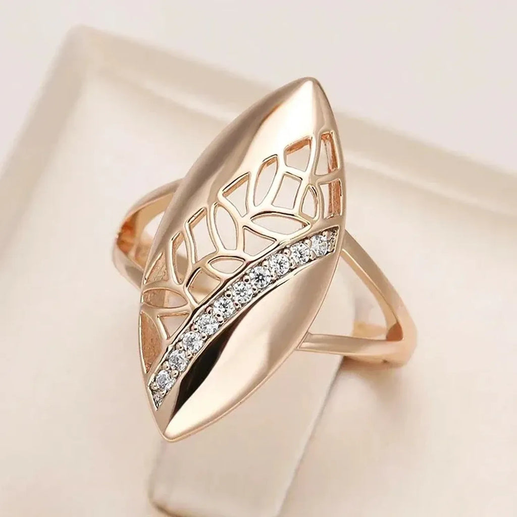 Vintage Rose Gold Leaf Marquise Statement Ring Hollow Zircon Elegant Women Party Wedding Fashion Jewelry